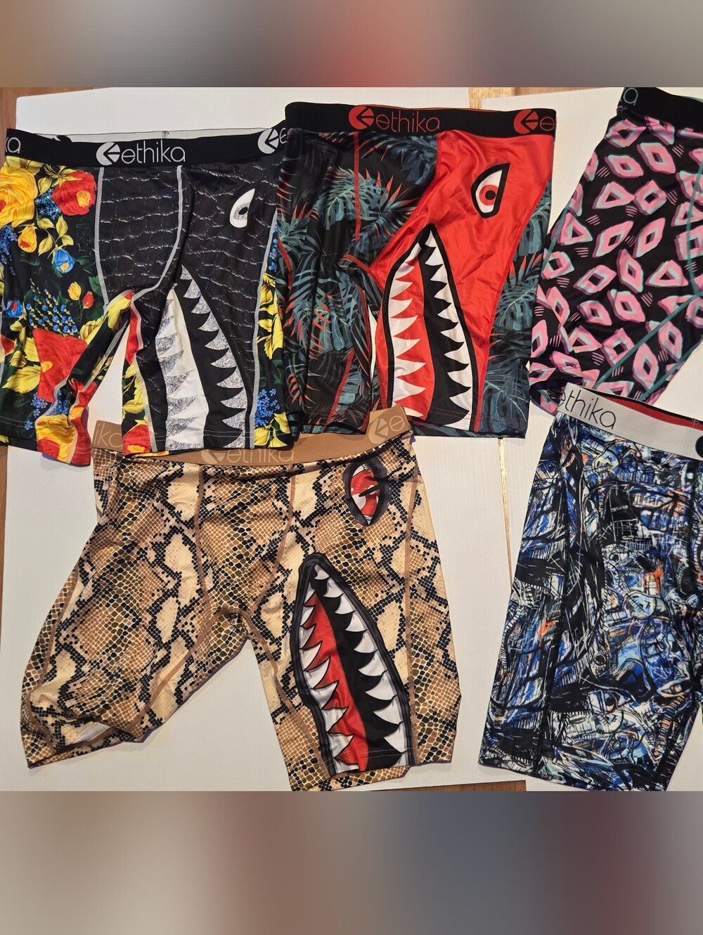 ethika Men's Shark Graphic Boxer Briefs - Red, Black, Tan, Blue, Pink